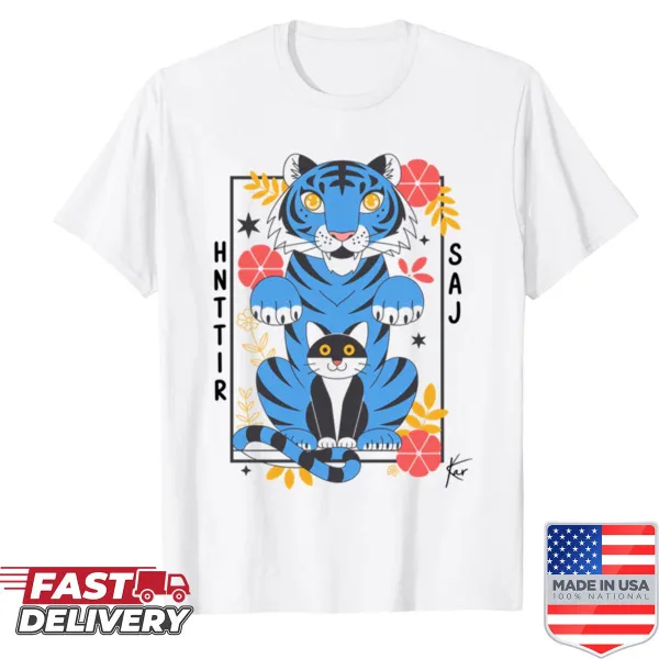 Cartoon derpy tiger graphic on a playful t-shirt