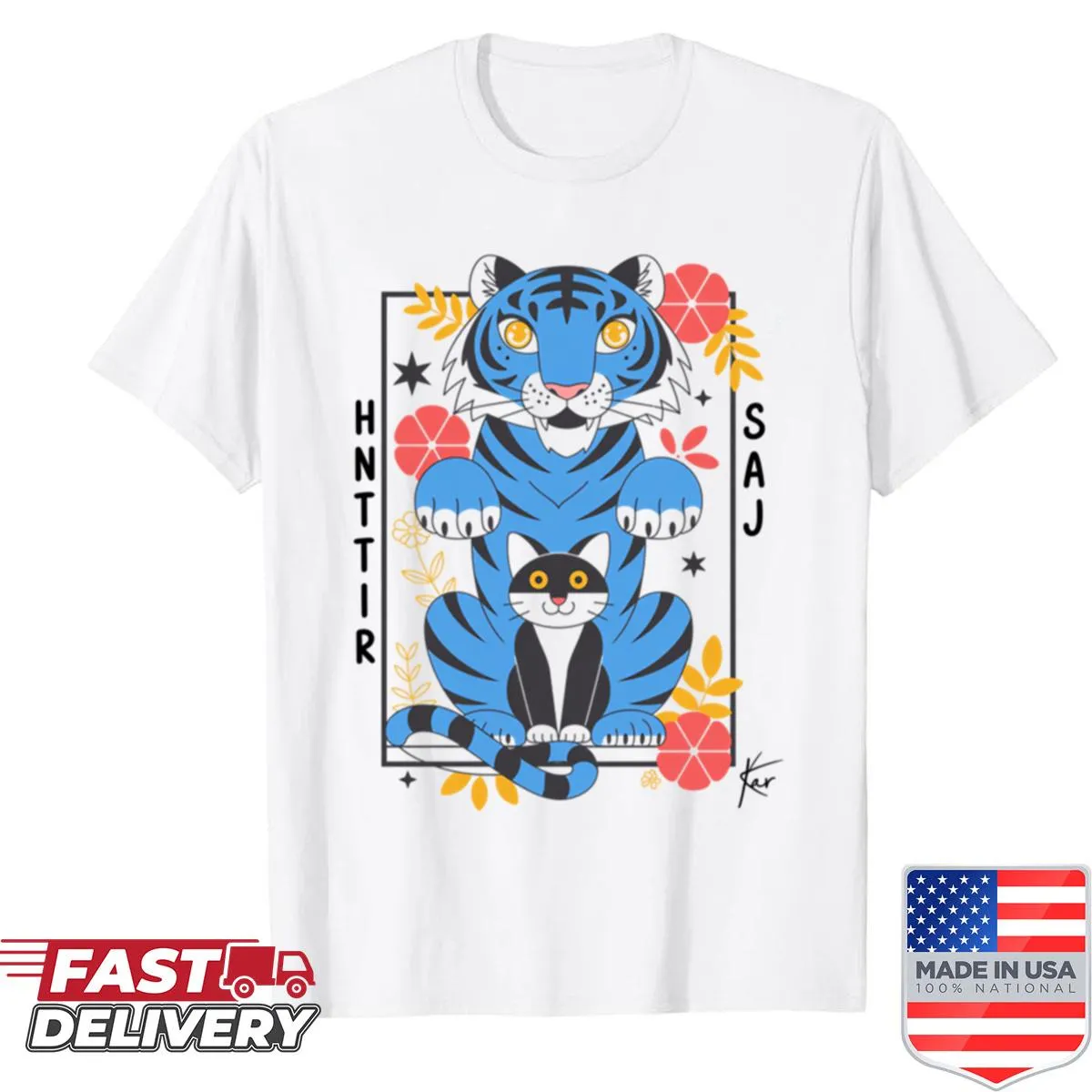 Cartoon derpy tiger graphic on a playful t-shirt