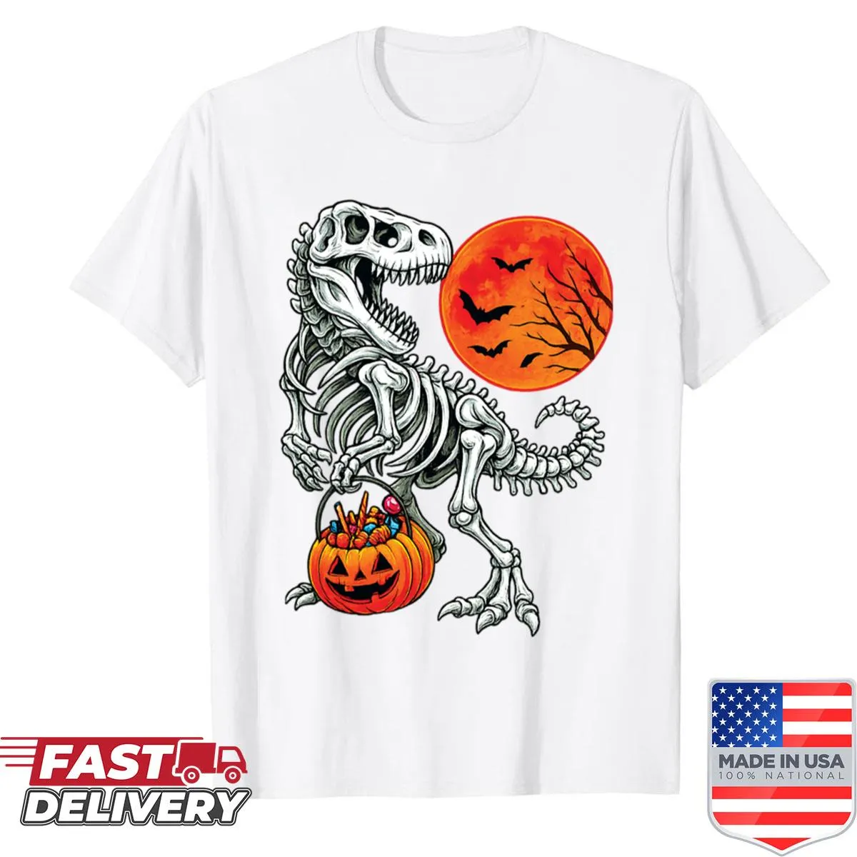 Whimsical dinosaur skeleton and moon design on a Halloween shirt