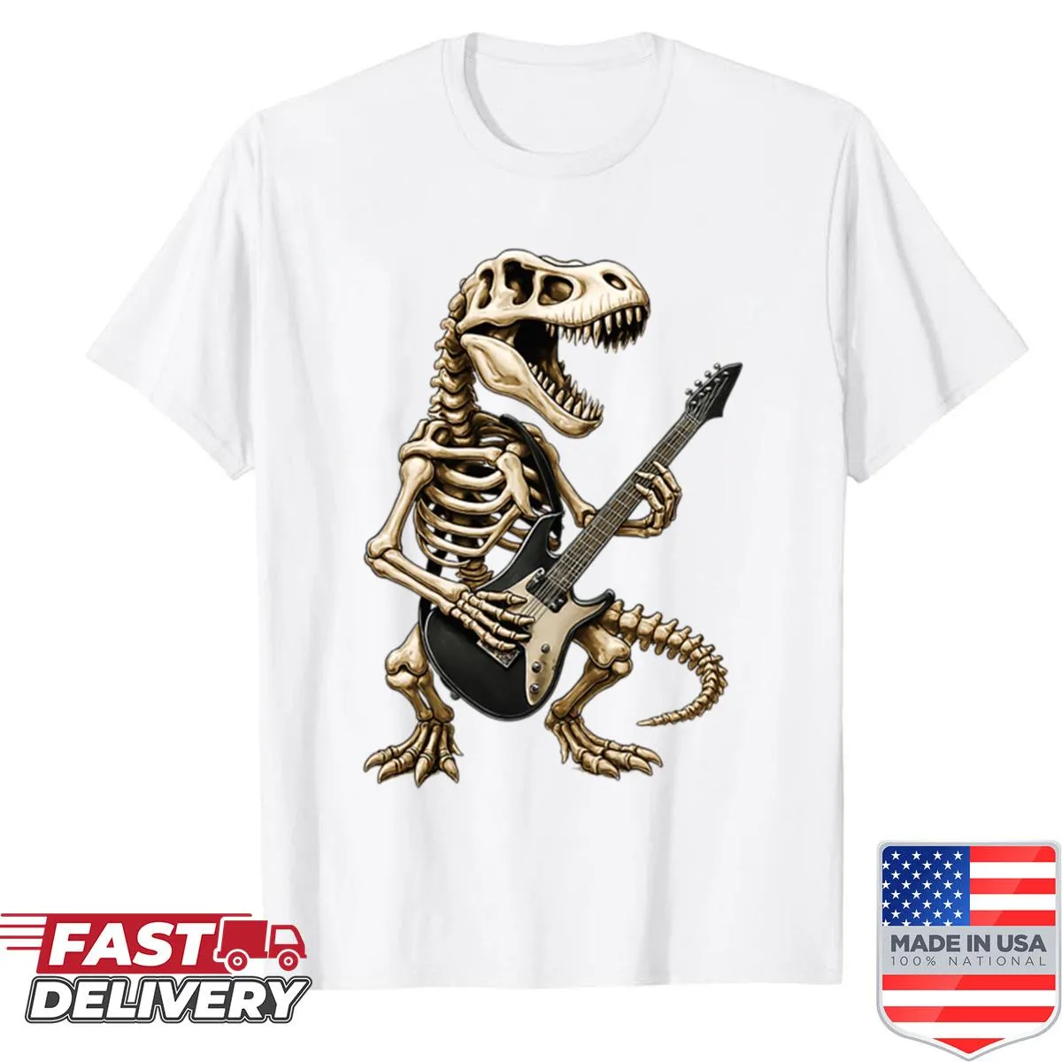 Kids Halloween shirt with a T-Rex skeleton playing guitar