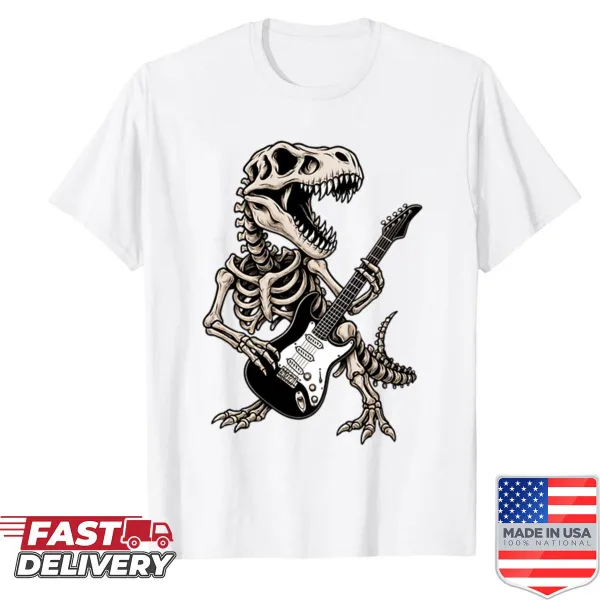 Cartoon T-Rex skeleton guitarist on a Halloween T-shirt for kids.