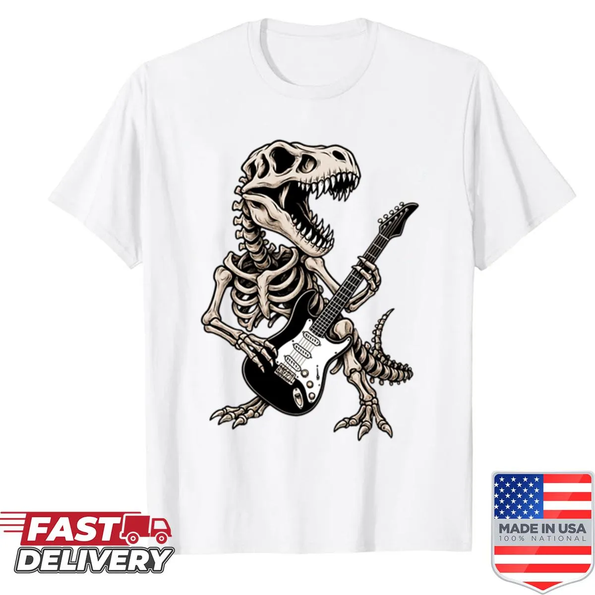 Cartoon T-Rex skeleton guitarist on a Halloween T-shirt for kids.