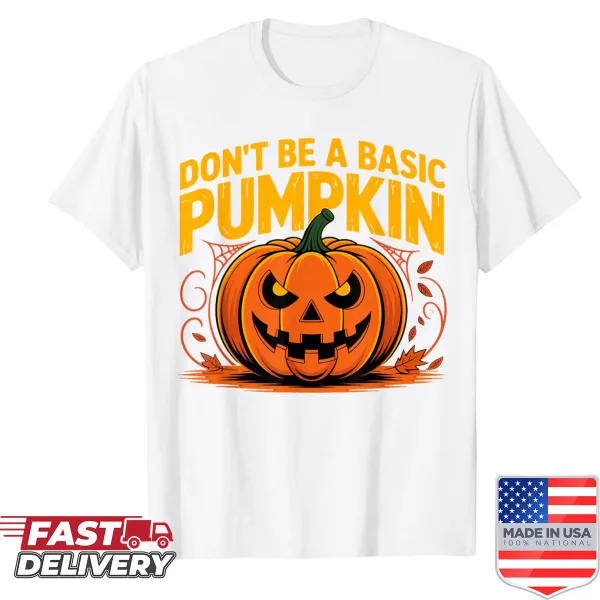 Illustration of a Jack O' Lantern with a humorous message on a shirt