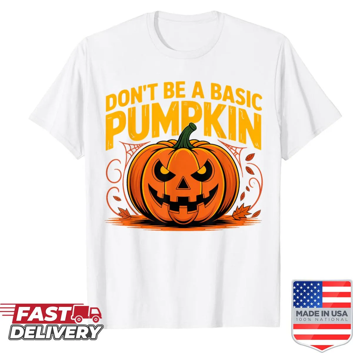 Illustration of a Jack O' Lantern with a humorous message on a shirt
