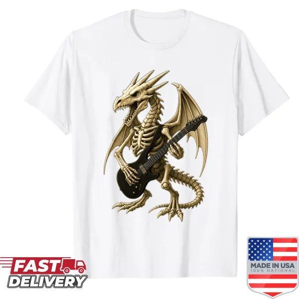 Cartoon Dragon guitarist skeleton on a Halloween T-shirt for kids.