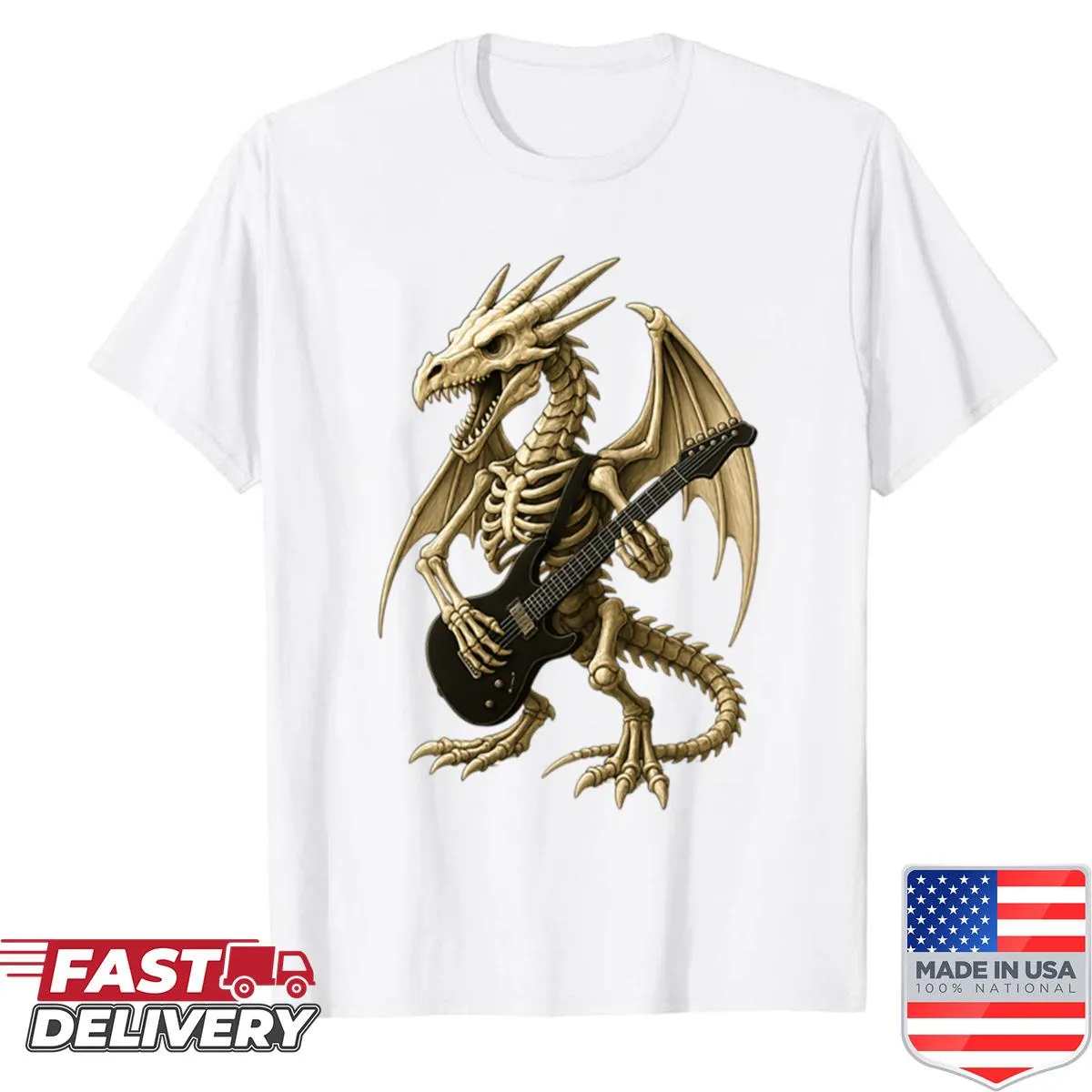 Cartoon Dragon guitarist skeleton on a Halloween T-shirt for kids.