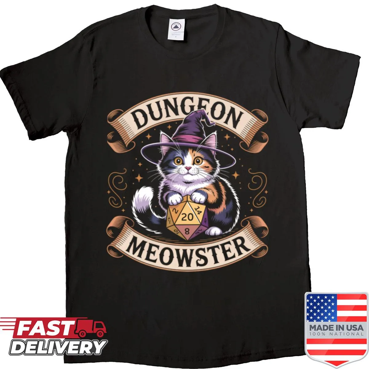 Cat RPG design shirt with dice and dungeon master theme