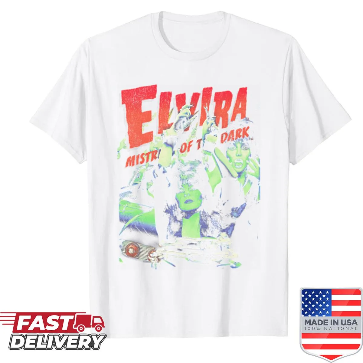 Elvira themed horror shirt featuring vintage horror graphics
