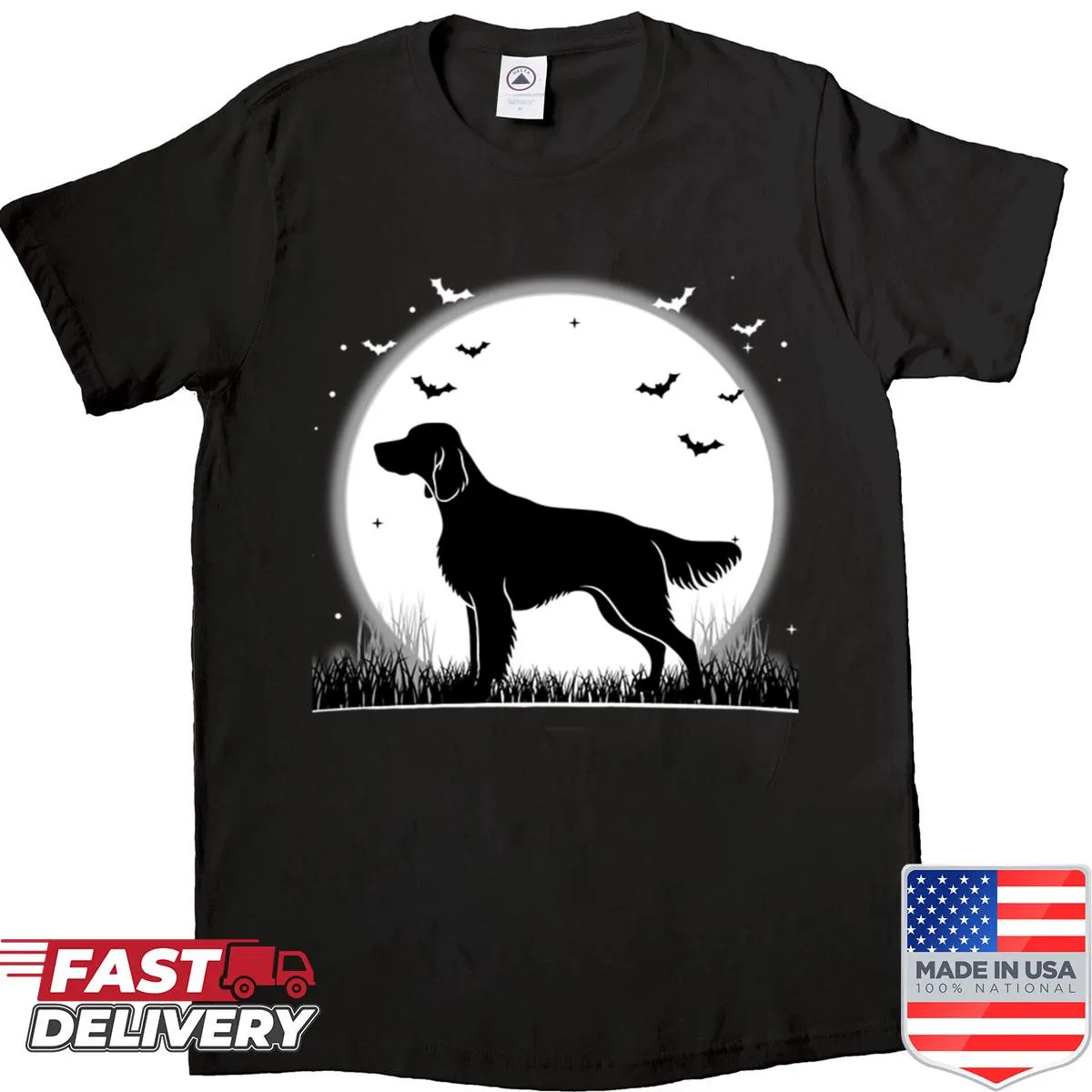 Halloween shirt with an English Setter silhouette and moon design