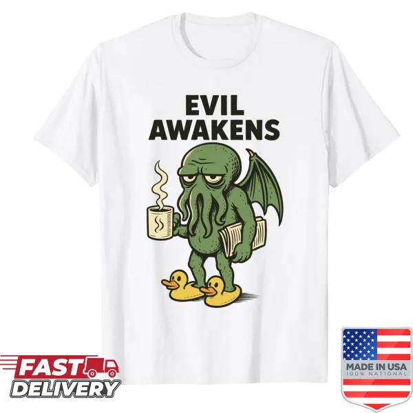 Humorous Lovecraftian Cthulhu illustration on a coffee-themed shirt