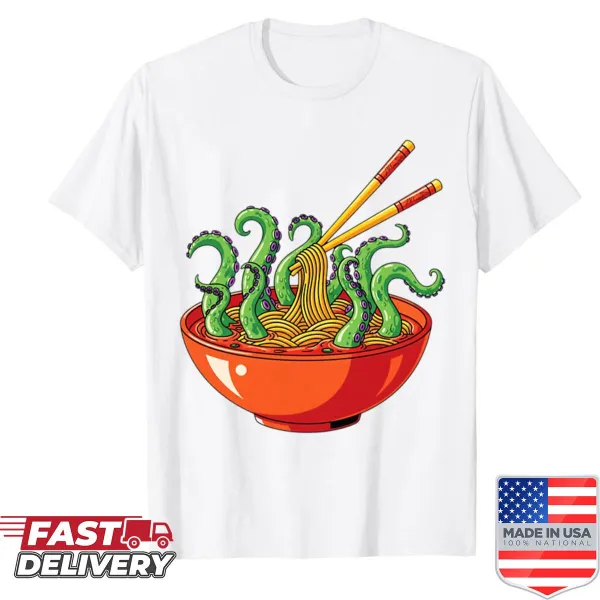 Evil octopus holding a ramen bowl shirt design