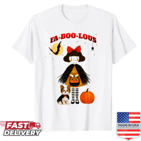 Cute Halloween shirt featuring a witch and a Yorkie dog