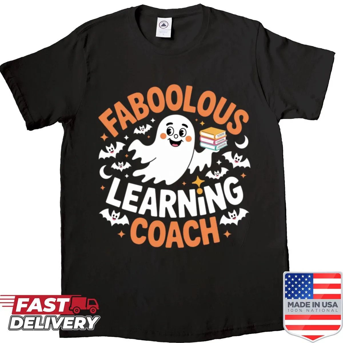 Halloween shirt for teachers with a ghost graphic and 'Faboolous Learning Coach' text