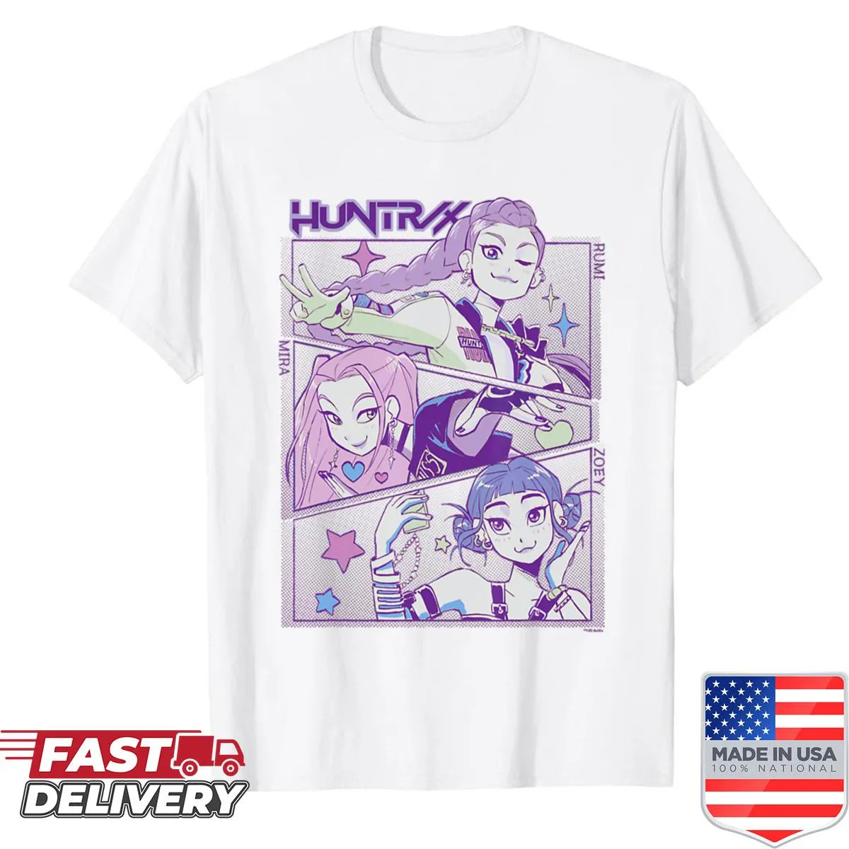 Kpop-themed shirt with playful logo design inspired by animated films