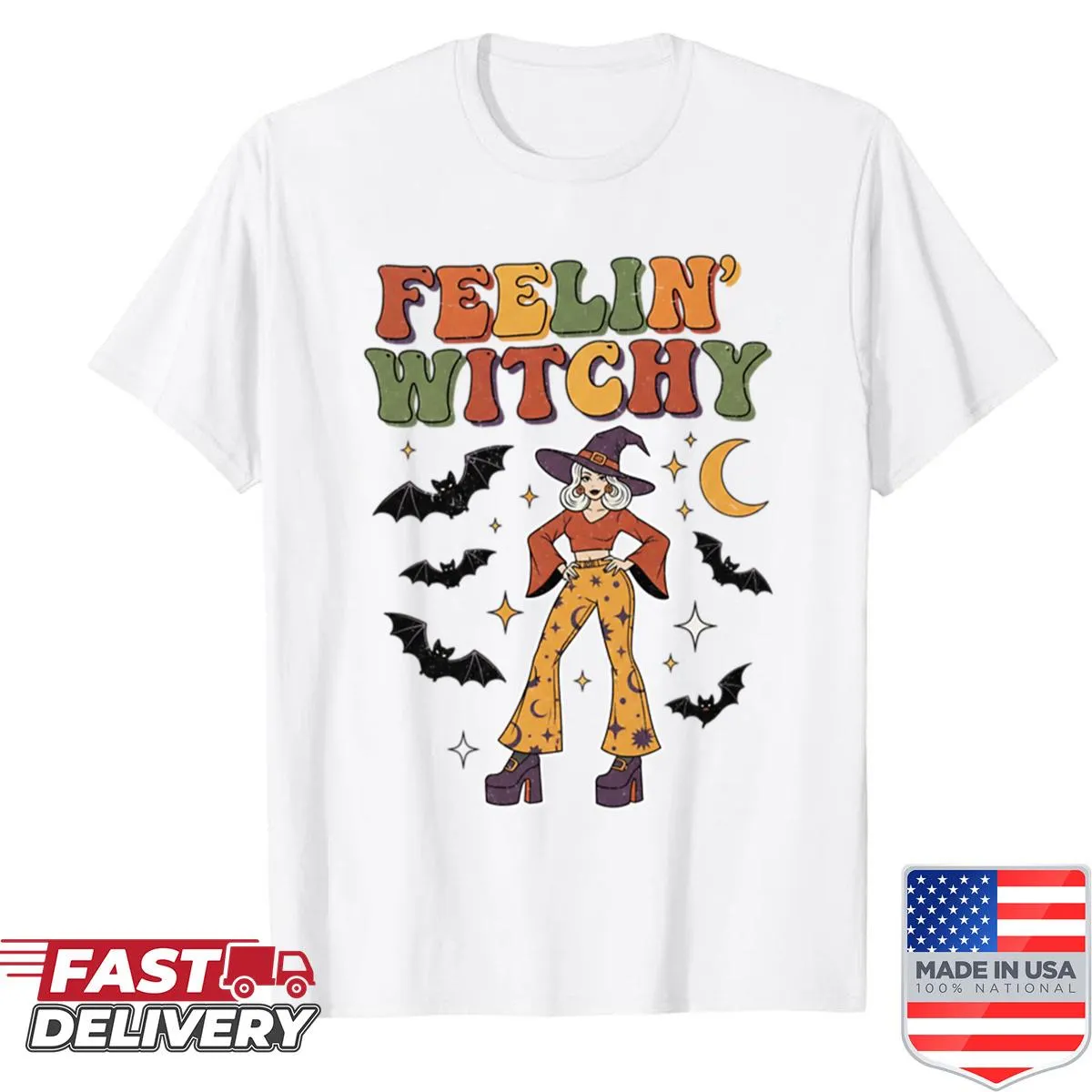Retro witch design with bats and moon for Halloween fans.