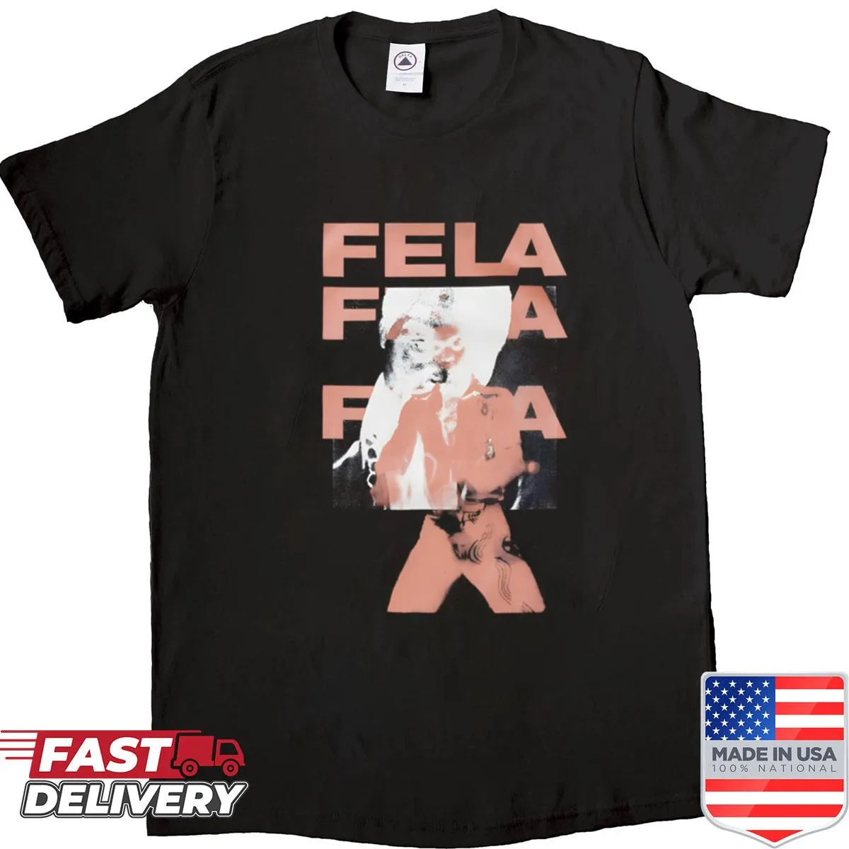Minimalist black shirt honoring Fela Kuti's music