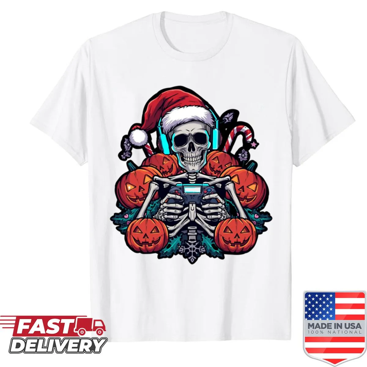 Festive skeleton graphic shirt for playful occasions
