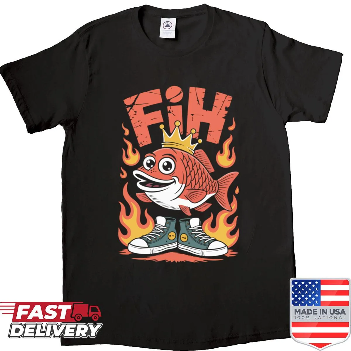 Vintage cartoon tee featuring a crowned fish with flames
