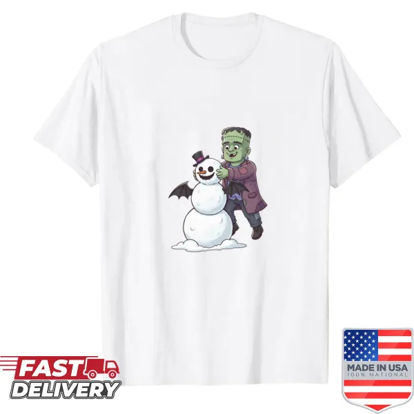 Frankenstein monster cheerfully building a snowman, oversized shirt