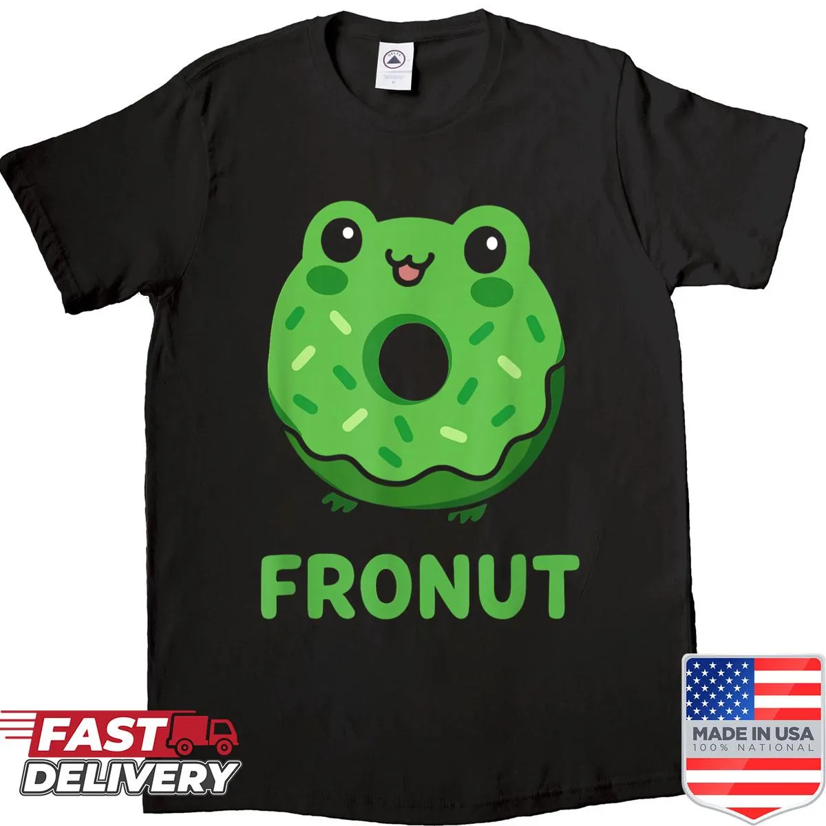 Kawaii shirt featuring a cute frog with a doughnut illustration.