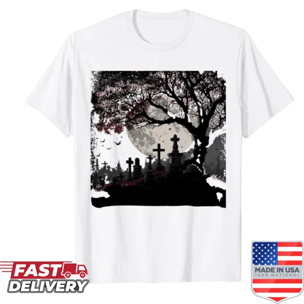 Illustration of a graveyard with a full moon on an oversized shirt