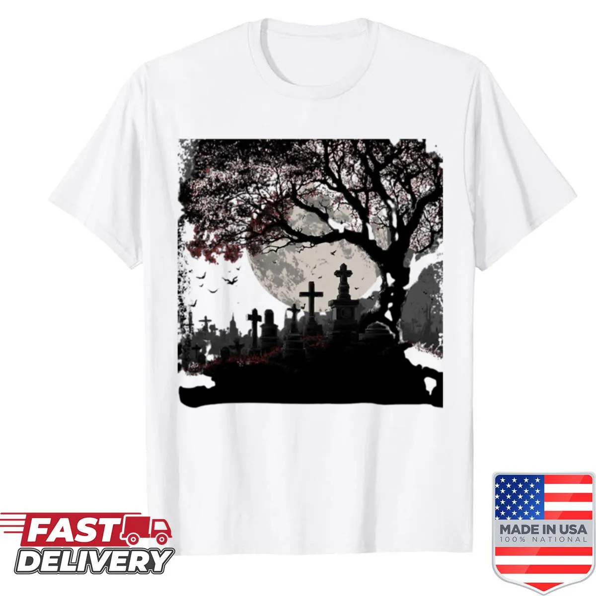 Illustration of a graveyard with a full moon on an oversized shirt