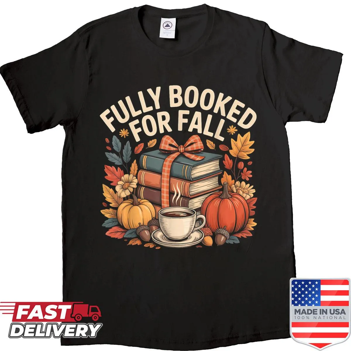 Autumn shirt featuring books and pumpkins, perfect for fall