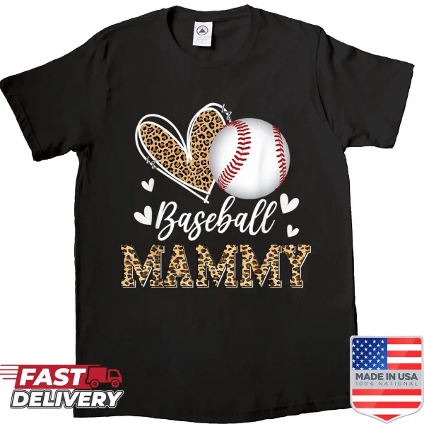 Humorous mom baseball graphic with leopard print on a shirt.