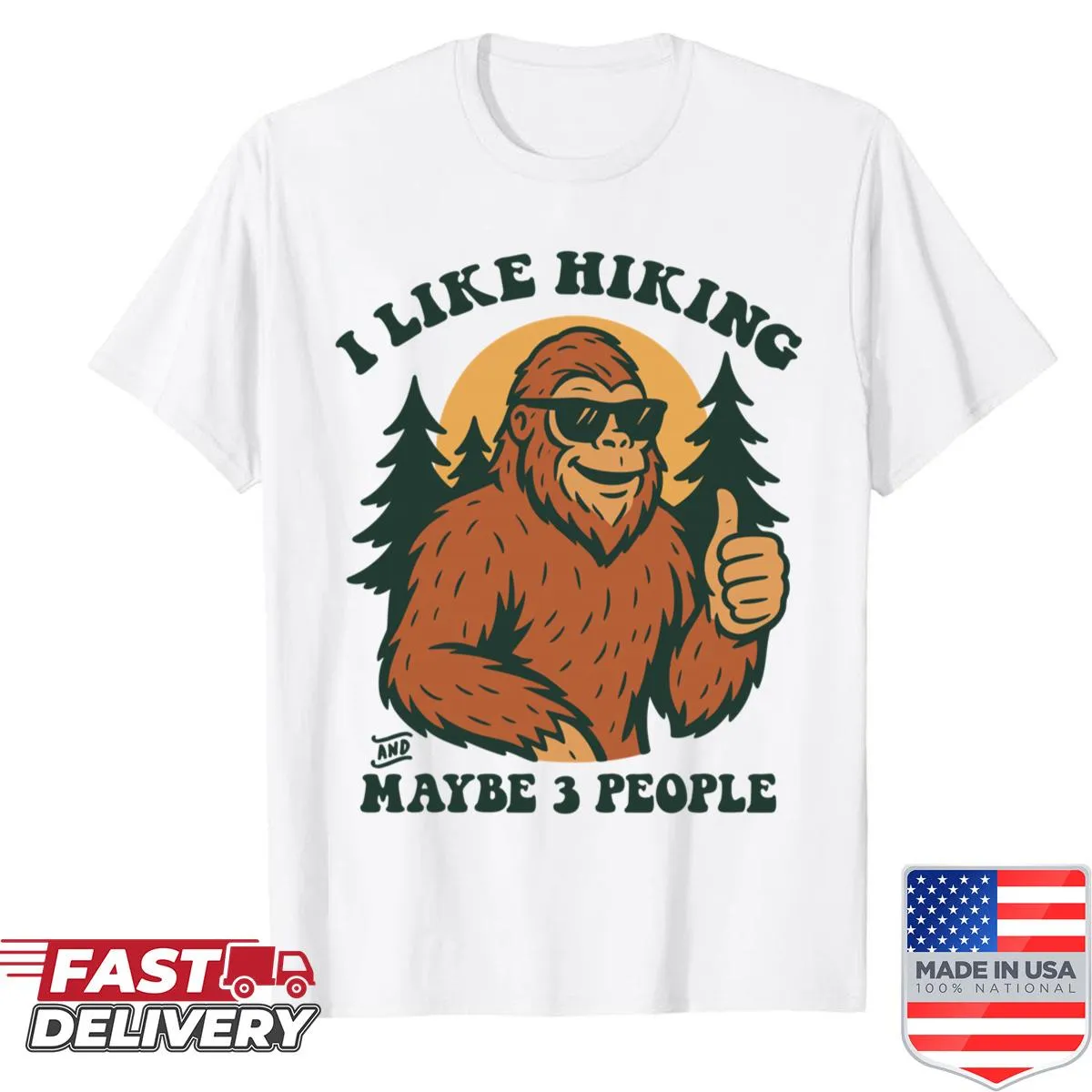 Humorous Sasquatch illustration for hiking enthusiasts.