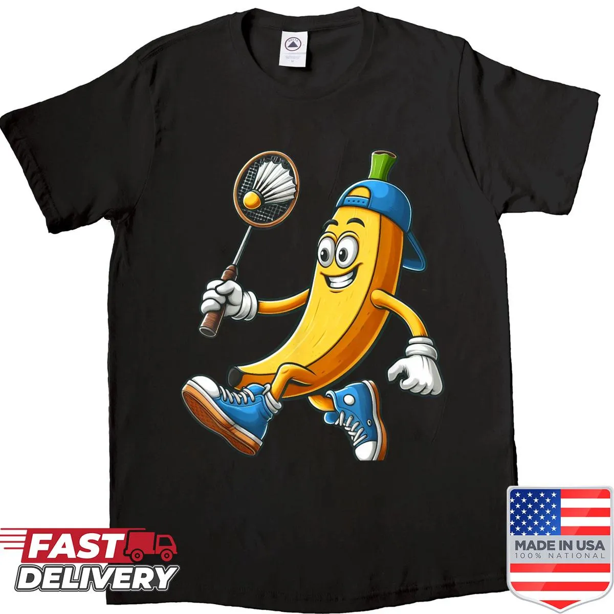 Cartoon banana playing badminton graphic on a t-shirt
