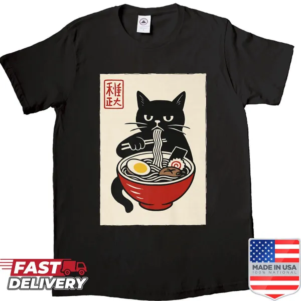 Kawaii ink painting of a grumpy cat holding ramen in a whimsical style