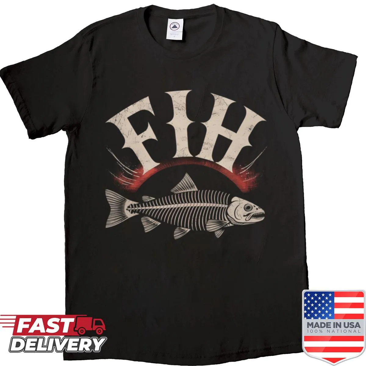 Vintage distressed shirt with a humorous fish skeleton graphic