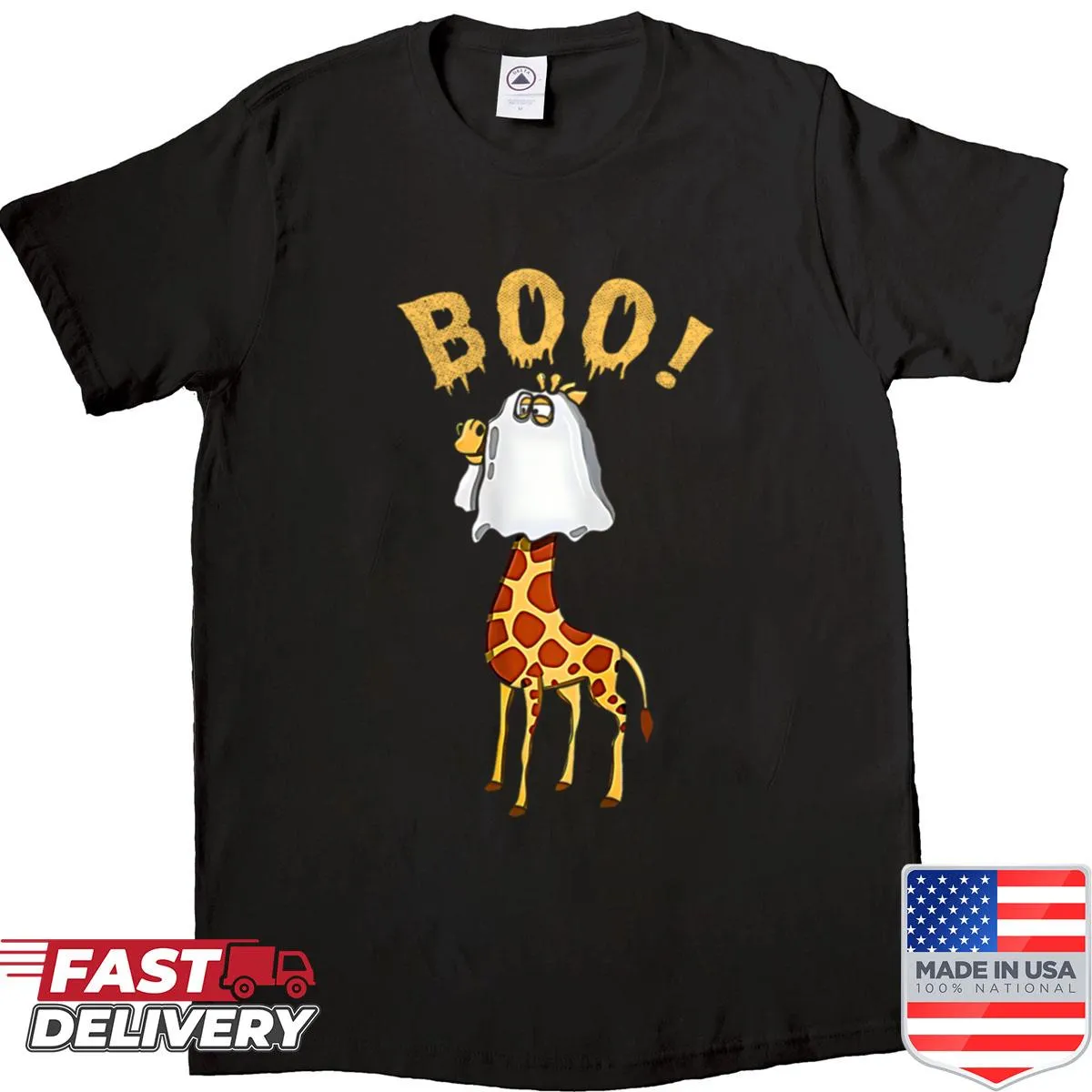 Funny Halloween shirt featuring a giraffe in costume