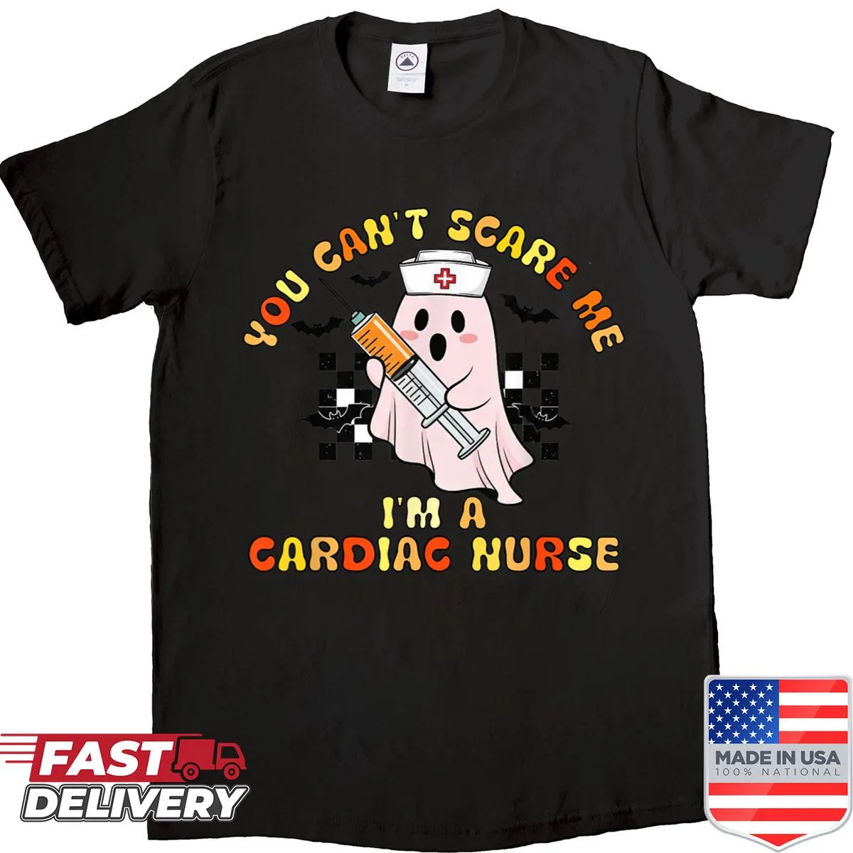 Humorous ghost illustration tailored for cardiac nurses on a Halloween shirt