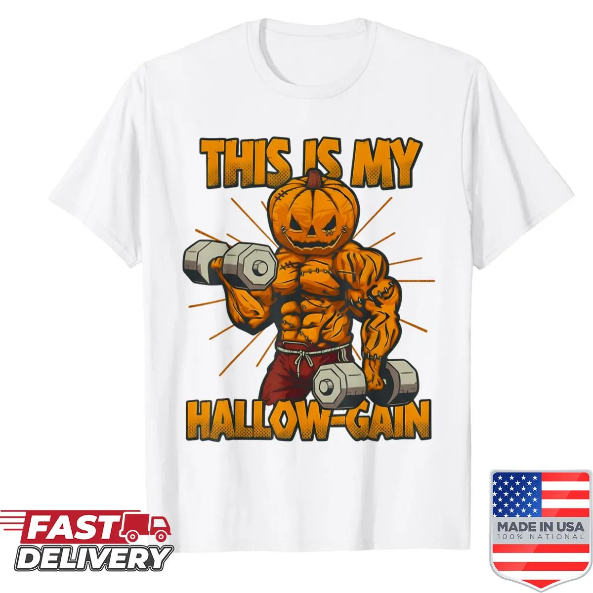 Funny Halloween gym t-shirt featuring pumpkin design