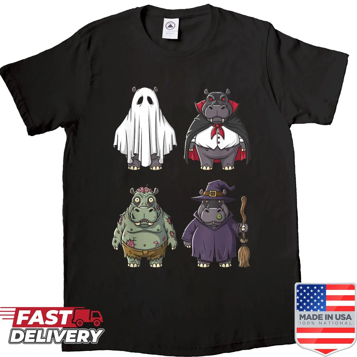 Cartoon hippo ghost witch zombie graphic on a Halloween shirt