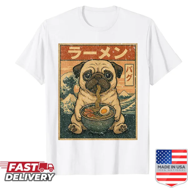 Cute shirt of a pug happily eating ramen noodles