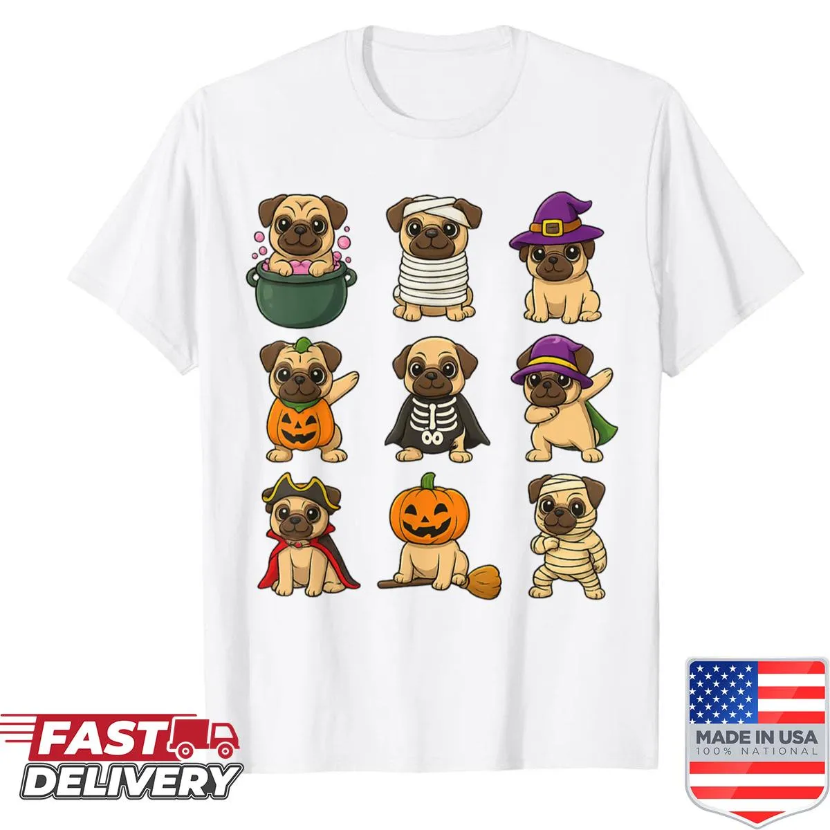 Funny Halloween shirt featuring pug and pumpkins