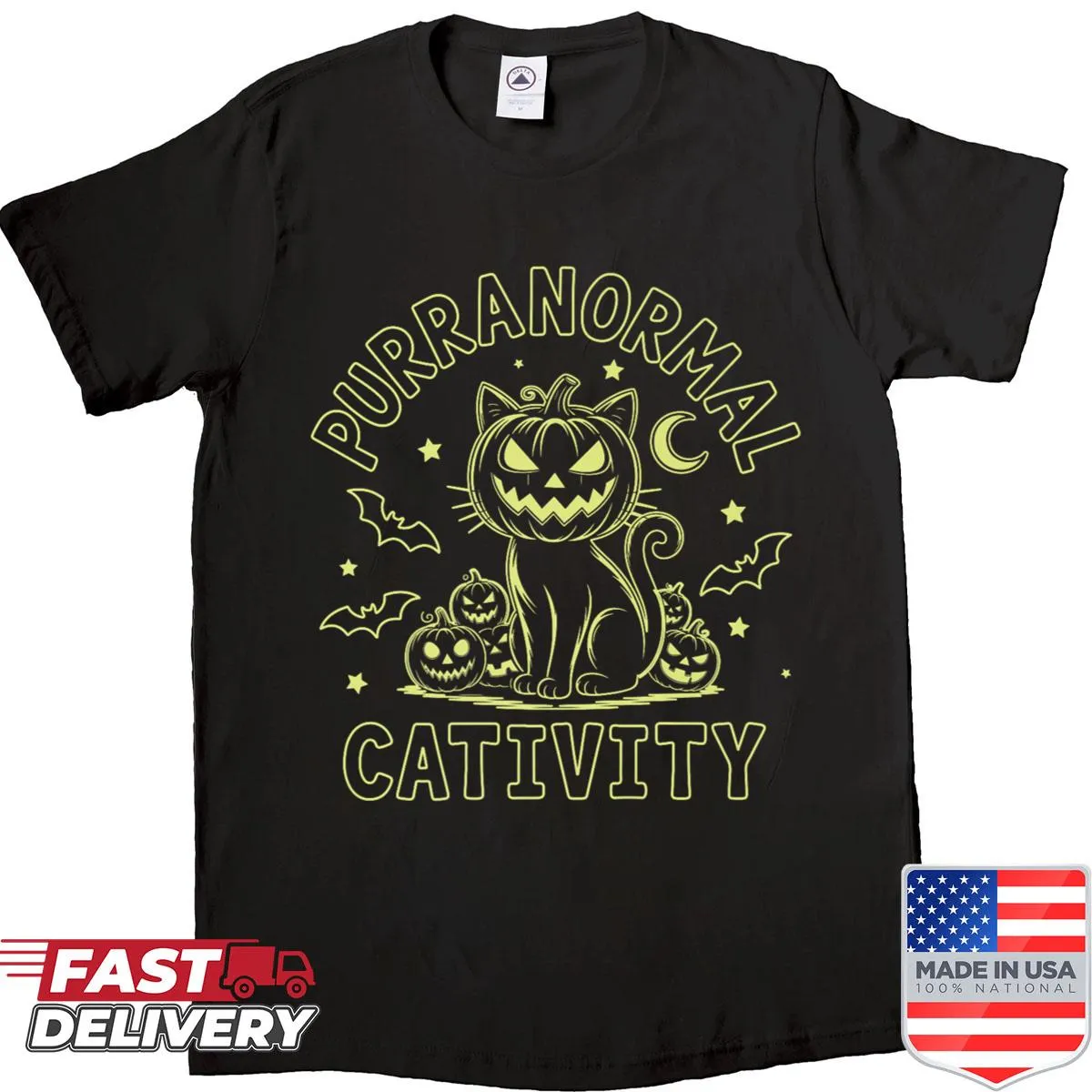 Halloween-themed shirt with a pun for cat lovers