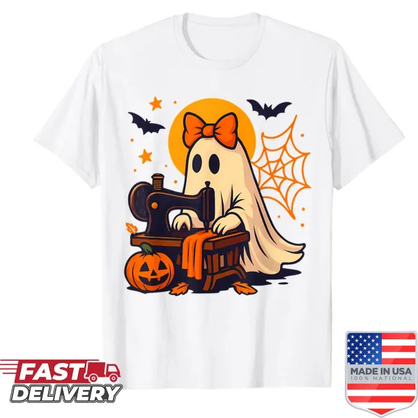 Cute Halloween shirt with a sewing ghost and quilting tools