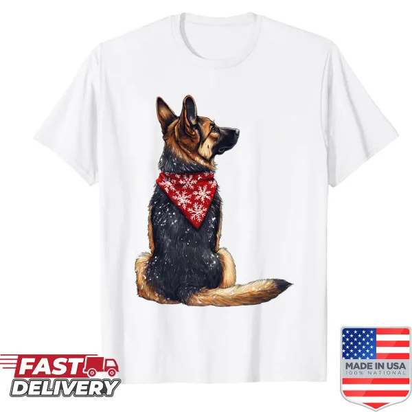 German Shepherd shirt with Christmas lights, ideal for dog lovers.