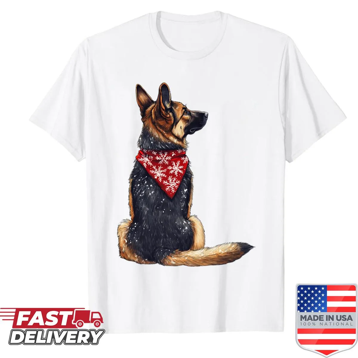 German Shepherd shirt with Christmas lights, ideal for dog lovers.