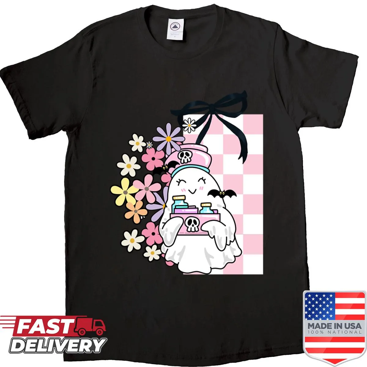 Cute ghost barista with potions and pastel florals on T-shirt