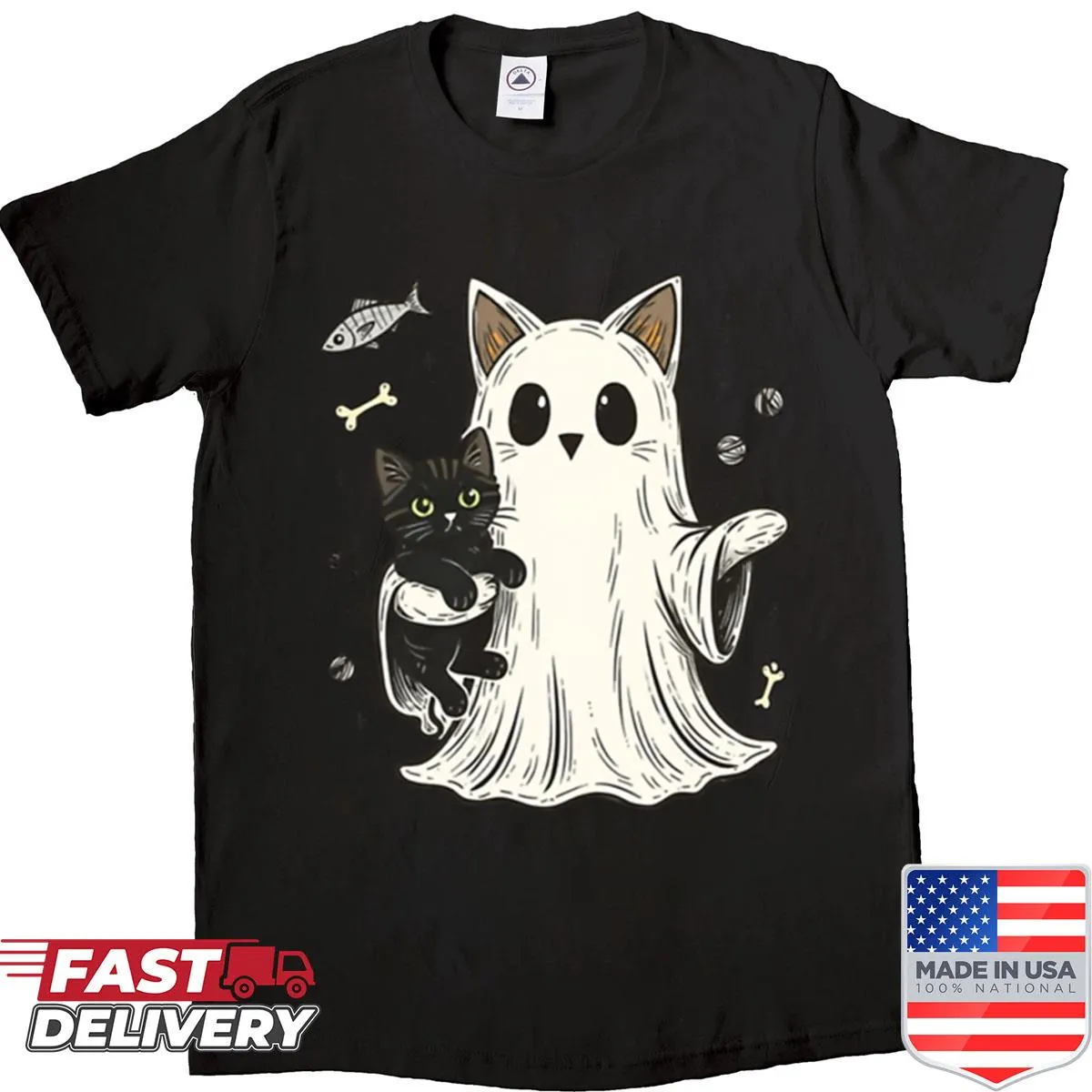 Cute shirt with a ghost cat and baby black kitten illustration