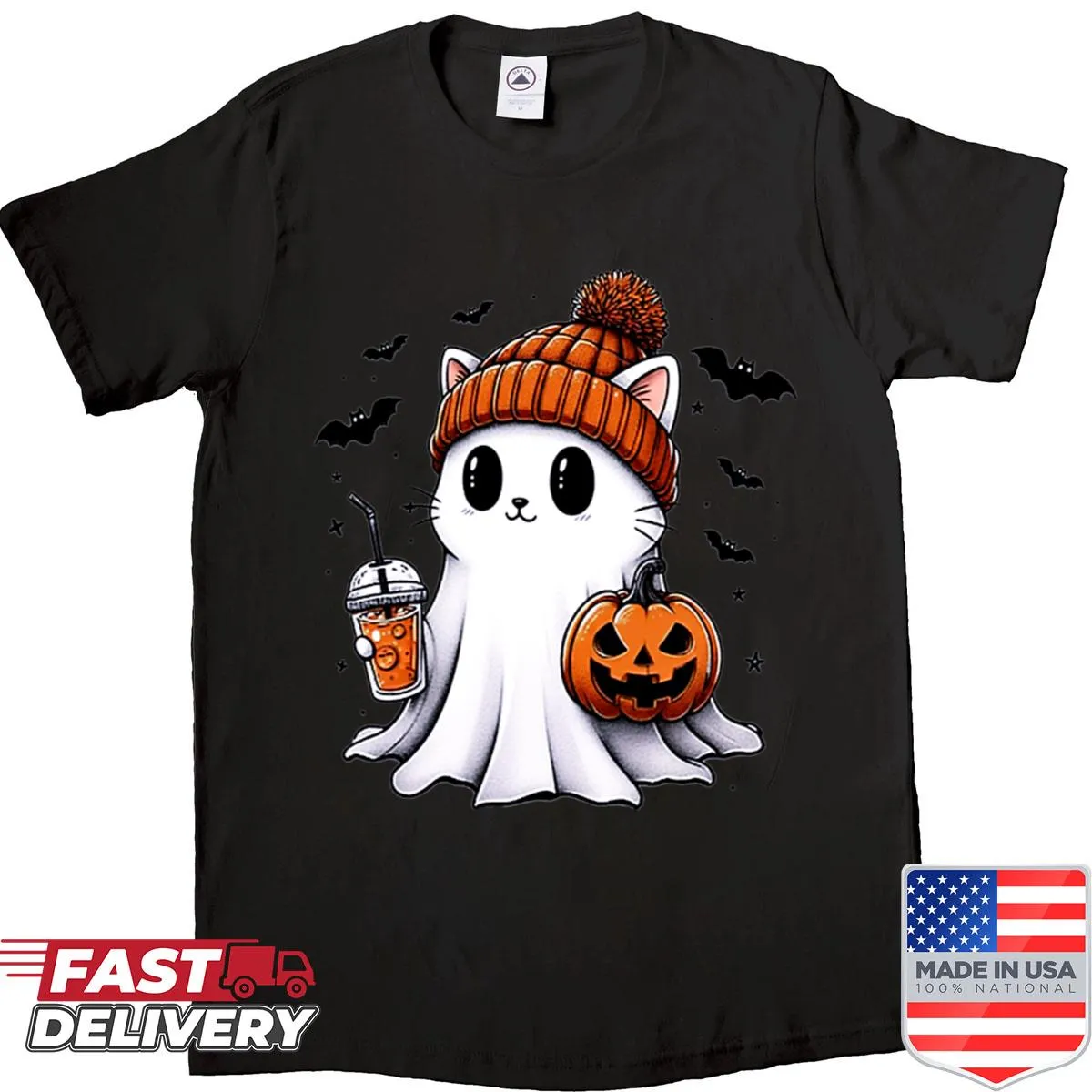 Adorable ghost kitty for Halloween on a t-shirt