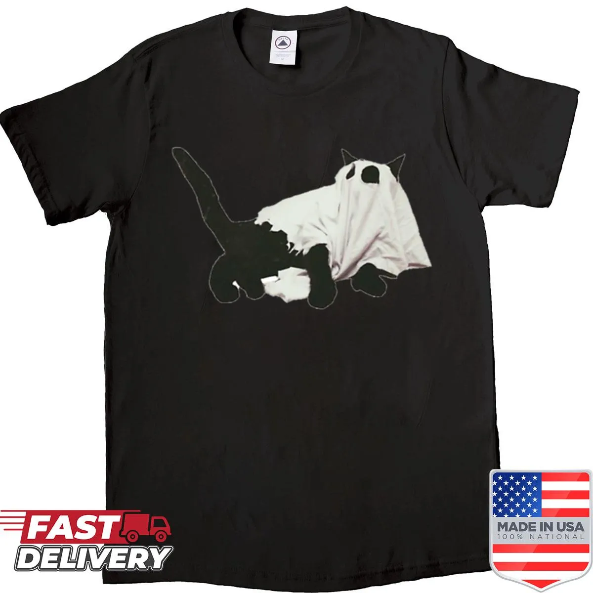 Cute ghost kitty illustration for Halloween on a t-shirt