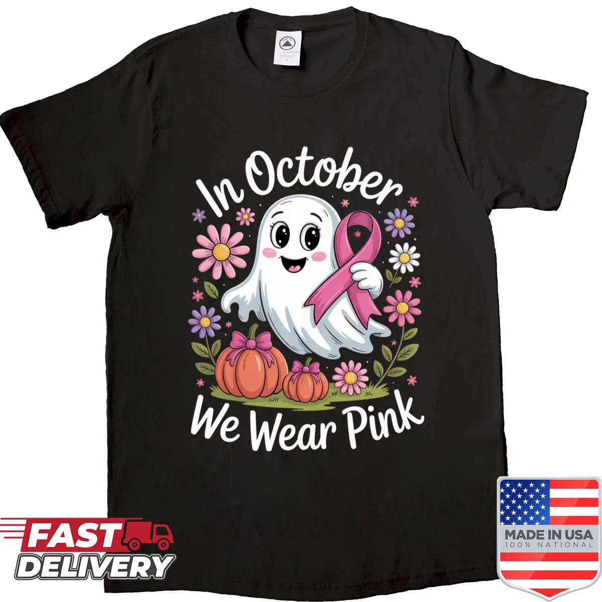 Ghost design with a pink ribbon for Halloween awareness