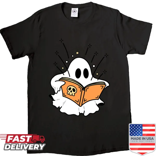Whimsical ghost illustration with books graphic t-shirt
