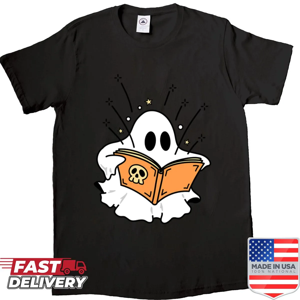 Whimsical ghost illustration with books graphic t-shirt