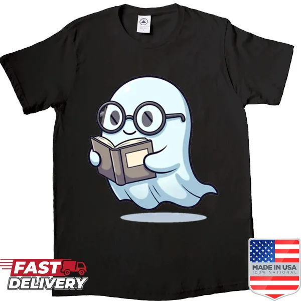 Cute ghost reading a book graphic on a shirt